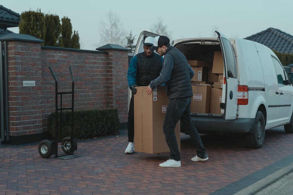 A man wearing a beige knit beanie, a green puffer vest over a navy blue jacket with white stripes on the sleeves, black gloves, and dark trousers, sits inside the open rear of a moving van. The van’s interior shows several cardboard boxes of various sizes, some sealed with packing tape, and some stacked on top of each other. The boxes are made of brown corrugated cardboard, and some are wrapped in clear plastic or fabric padding for protection during home relocation. The van is parked on a paved area, potentially outside a residential property, with the vehicle’s rear doors open to allow access to the packing and loading process. The scene depicts the process of furniture transport and packing during a house removal, with the van prepared for transportation of household items, aligning with professional moving services such as those offered by Man and Van Kew, specializing in removals and packing logistics.